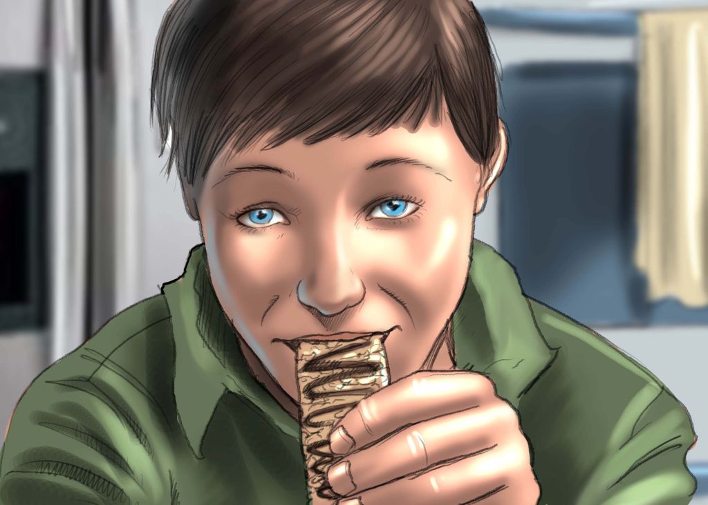 Young Boy (10-11) Eating a Mince-Pie