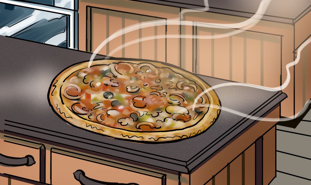 KITCHEN COUNTER WITH PIZZA