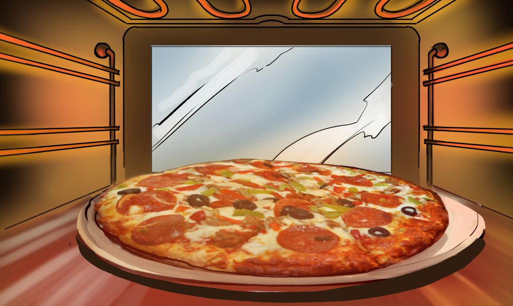 inside oven POV pizza